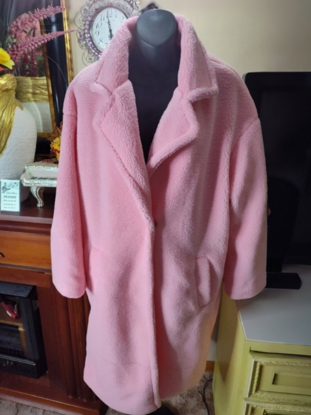 Shein Teddy Coat Pink Overcoat Jacket Button 2-Pockets Size Large